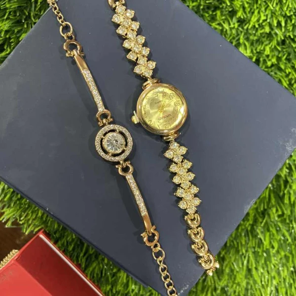 Mezze Ladies Gold Watch and Bracelet Set | Luxury Quartz Women's Wristwatch with Crystal Butterfly Dial | গোল্ডেন ঘড়ি এবং ব্রেসলেট সেট