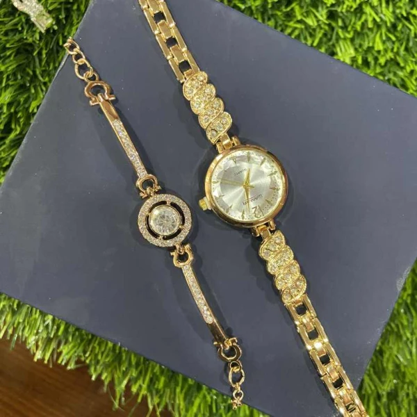 Mezze Ladies Gold Watch and Bracelet Set | Luxury Quartz Women's Wristwatch with Crystal Butterfly Dial | গোল্ডেন ঘড়ি এবং ব্রেসলেট সেট