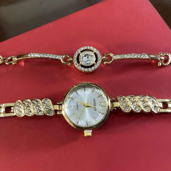 Mezze Ladies Gold Watch and Bracelet Set | Luxury Quartz Women's Wristwatch with Crystal Butterfly Dial | গোল্ডেন ঘড়ি এবং ব্রেসলেট সেট
