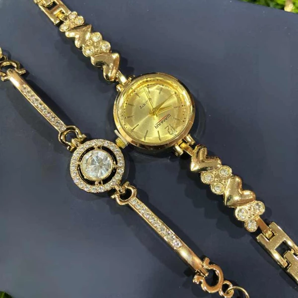 Mezze Ladies Gold Watch and Bracelet Set | Luxury Quartz Women's Wristwatch with Crystal Butterfly Dial | গোল্ডেন ঘড়ি এবং ব্রেসলেট সেট