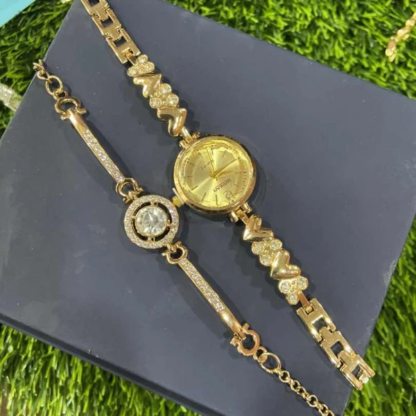 Mezze Ladies Gold Watch and Bracelet Set | Luxury Quartz Women's Wristwatch with Crystal Butterfly Dial | গোল্ডেন ঘড়ি এবং ব্রেসলেট সেট