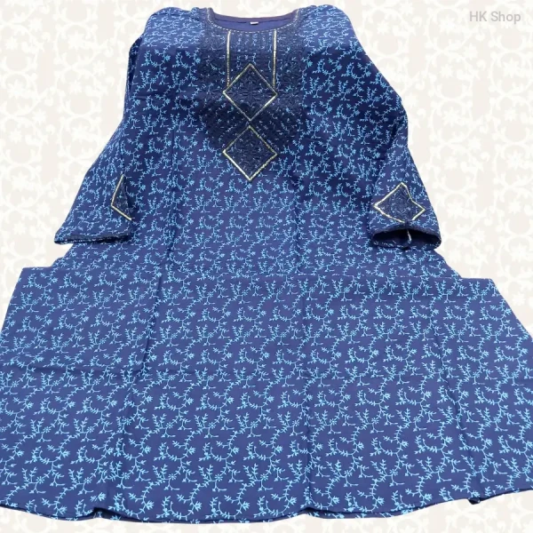 Blue Embroidered Cotton Frock with Block Print