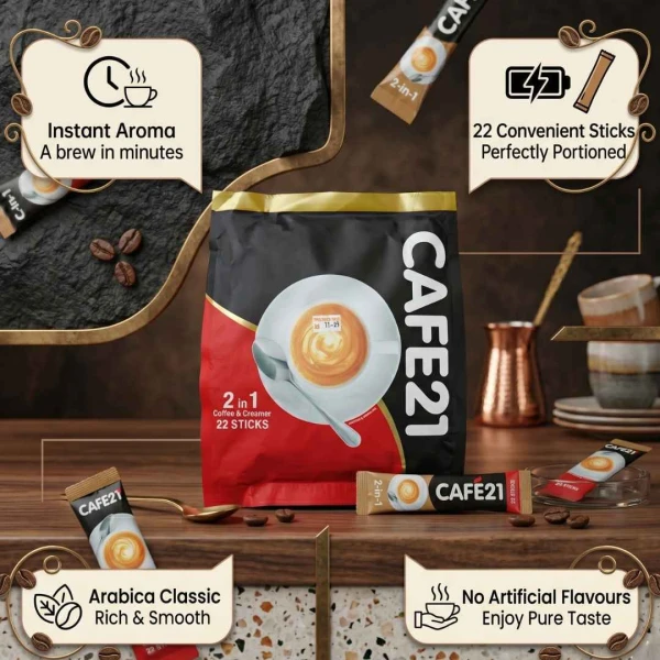 CAFE21 2-in-1 Instant Coffee & Creamer Sticks – Rich Arabica Coffee, 22 Convenient Single-Serve Packs