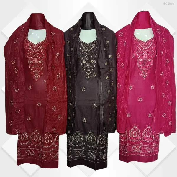 Cotton (সুতি কাপড়) Embroidered 3-Piece Set – Multiple Colors