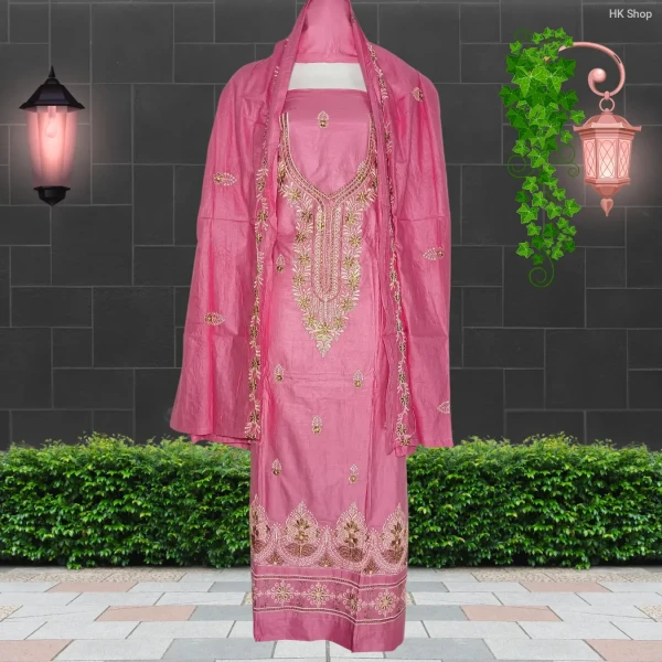 Elegant Muslim Cotton 3-Piece Embroidered Dress for Women – Pink