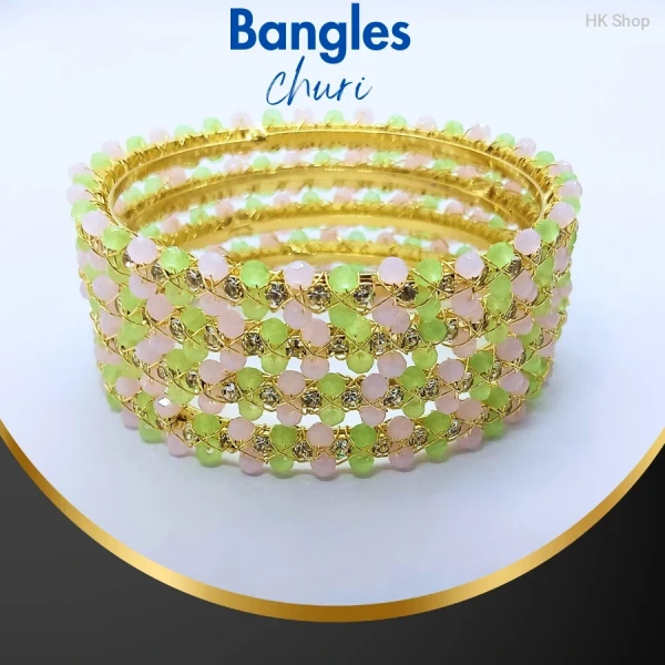 Elegant Pastel Gemstone Bangle Set – Mint Green & Blush Pink | Elegance for Every Occasion (4Pieces set)