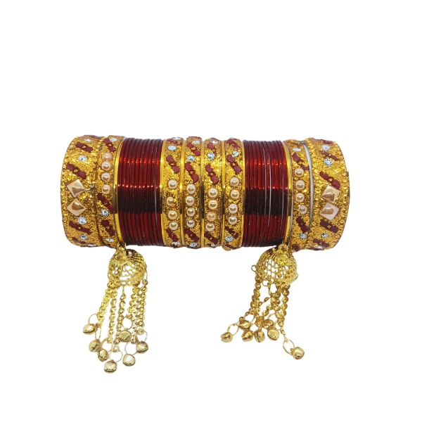 Elegant Red & Gold Bangles Set with Pearls and Rhinestones – Perfect for Bridal and Festive Occasions | ঐতিহ্যবাহী ব্রাইডাল এবং উৎসবের গয়না