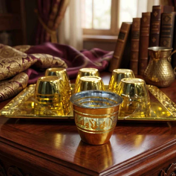 Gold Arabic Coffee Cup Set with Decorative Serving Tray