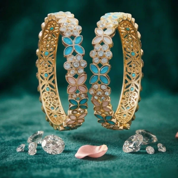 Gold-Plated Floral Enamel Bangles with Crystals – Perfect for Weddings & Festive Wear | বালা ক্রিস্টালস সহ – বিয়ে ও উৎসবের জন্য