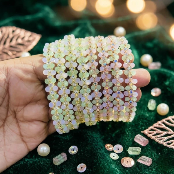 Handmade Pastel Beaded Bangles – Elegant Golden Wire Bracelet Set for Women | হাতের তৈরি পাস্তেল রঙের মণির বালা সেট