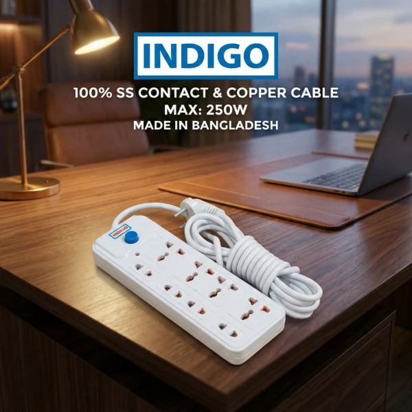 Indigo Power Strip Extension Board – 100% SS Contact & Copper Cable, Heavy Duty Multi-Plug | 4/6 Socket Surge Protector | 2500W Max | Made in Bangladesh
