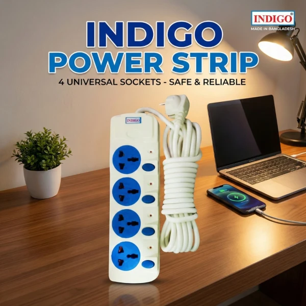 INDIGO Power Strip with 4 Universal Sockets | High-Quality Extension Cord | 2500W, 13A, Safe & Reliable | INDIGO পাওয়ার স্ট্রিপ ৪টি ইউনিভার্সাল সকেট সহ