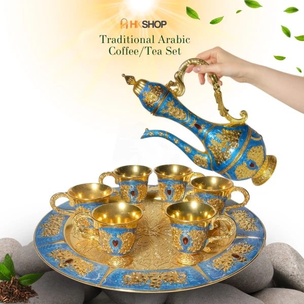 Luxury Arabic Coffee and Tea Set - 7-Piece Royal Blue & Gold Arabic Serving Set for Home and Gifting | কফি এবং চা সেট