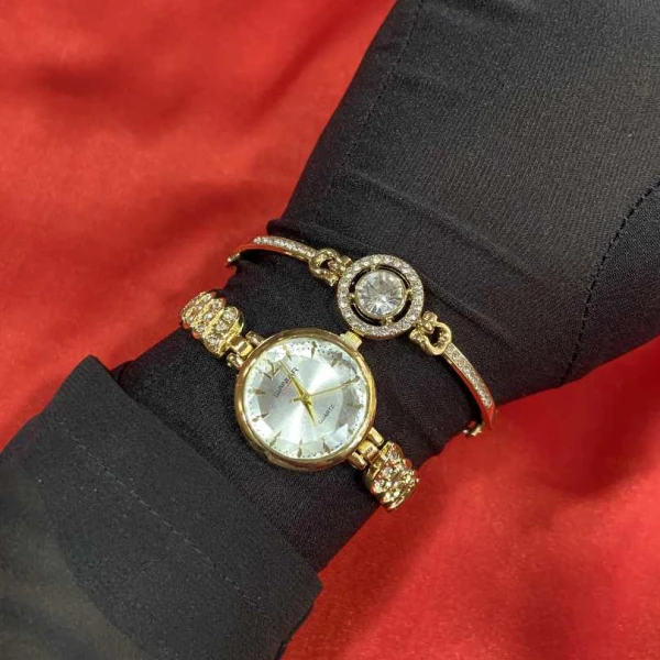 Mezze Ladies Gold Watch and Bracelet Set | Luxury Quartz Women's Wristwatch with Crystal Butterfly Dial | গোল্ডেন ঘড়ি এবং ব্রেসলেট সেট