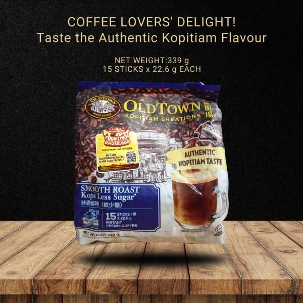 OldTown Smooth Roast Kopi Less Sugar - Instant Premix Coffee 15 Sticks (339g) | Low Sugar Malaysian Kopitiam Coffee | ইন্সট্যান্ট প্রিমিক্স কফি