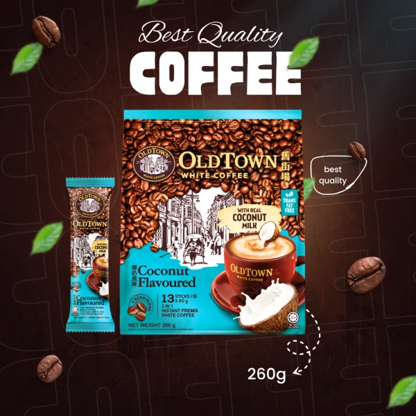 OldTown White Coffee Coconut Flavoured 3-in-1 Instant Coffee - 13 Sachets x 20g (Rich & Creamy with Real Coconut Milk) | OldTown হোয়াইট কফি নারকেল স্বাদযুক্ত ৩-ইন-১ ইনস্ট্যান্ট কফি