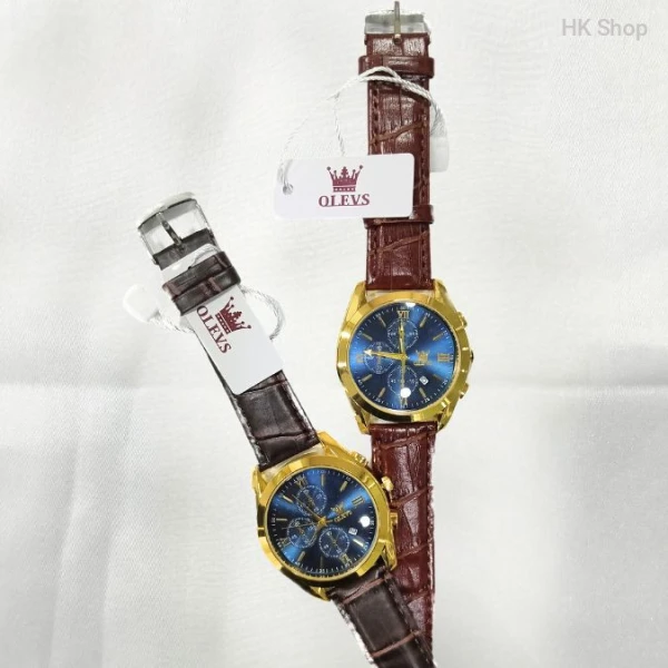 OLEVS Men's Leather Waterproof Quartz Fashion Watch - Luxury Casual Design. 3