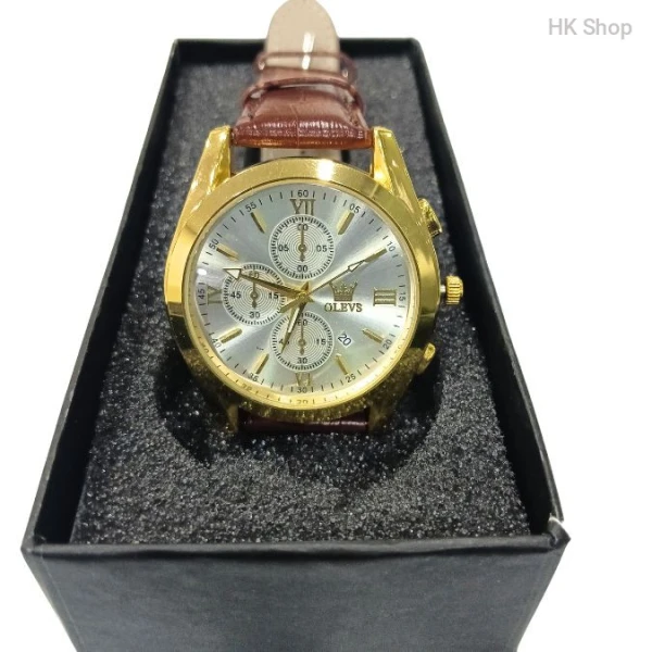 OLEVS Men's Leather Waterproof Quartz Fashion Watch - Luxury Casual Design.2