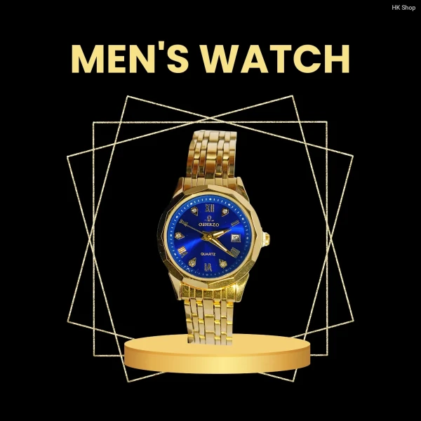 Oshrzo Elegant Gold-Plated Quartz Watch with Blue Dial