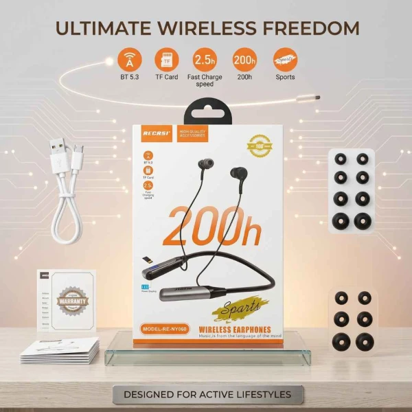 RECRSI RE-NY060 Wireless Neckband Earphones with Bluetooth 5.3, LED Display & TF Card Support | আরামদায়ক নেকব্যান্ড, TF কার্ড সাপোর্ট, ফাস্ট চার্জিং, দীর্ঘ ব্যাটারি, হাই-ফাই সাউন্ড