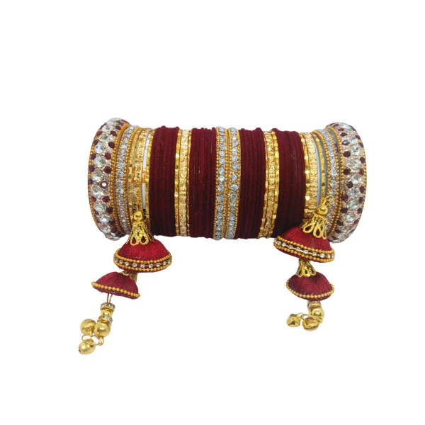 Red Velvet Gold Bangles Set with Crystal Embellishments and Tassels | বাঙ্গলস সেট ক্রিস্টাল এমবেলিশমেন্ট এবং ট্যাসেলস সহ