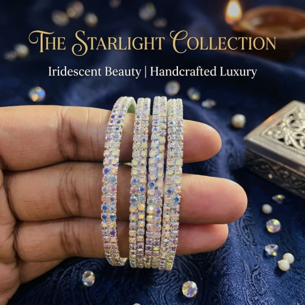Silver Crystal Bangles Set – Elegant Rhinestone-Studded Bracelets for Women (4 Pieces) | সিলভার ক্রিস্টাল বালা সেট – রাইনস্টোন নকশাযুক্ত