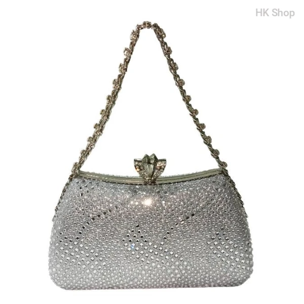 Silver Diamond Rhinestone Clutch Bag – Elegant Evening Handbag with Chain Strap | Dazzling Rhinestone Clutch for Weddings