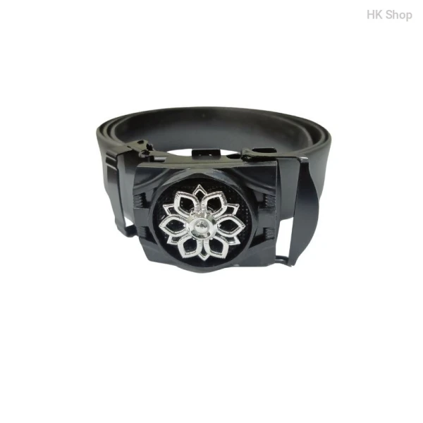 Silver Flowered Buckle Head Leather Belt For Men