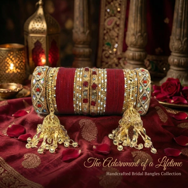 Traditional Red Gold Bangles Set with Golden Tassels – Bridal Jewelry for Weddings & Special Occasions |  বিয়ের ও বিশেষ অনুষ্ঠানের জন্য কনের গহনা
