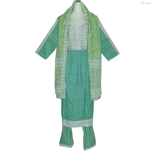 Women's Cotton Readymade 3-Piece Set – Elegant Green Embroidered Design