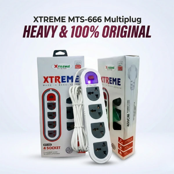 Xtreme 4 Socket Extension Cord 400cm – Power Strip with Surge Protection, Universal Plug, High-Quality Copper Wire – Best Multi Plug Extension Board for Home & Office in Bangladesh