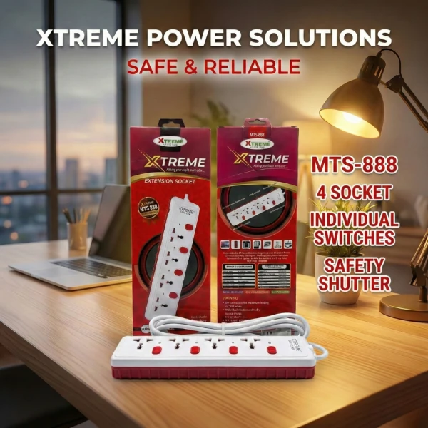 Xtreme MTS-888 4-Socket Extension Cord – 4 Meter Power Strip with Individual Switches & Universal Outlets for Home and Office
